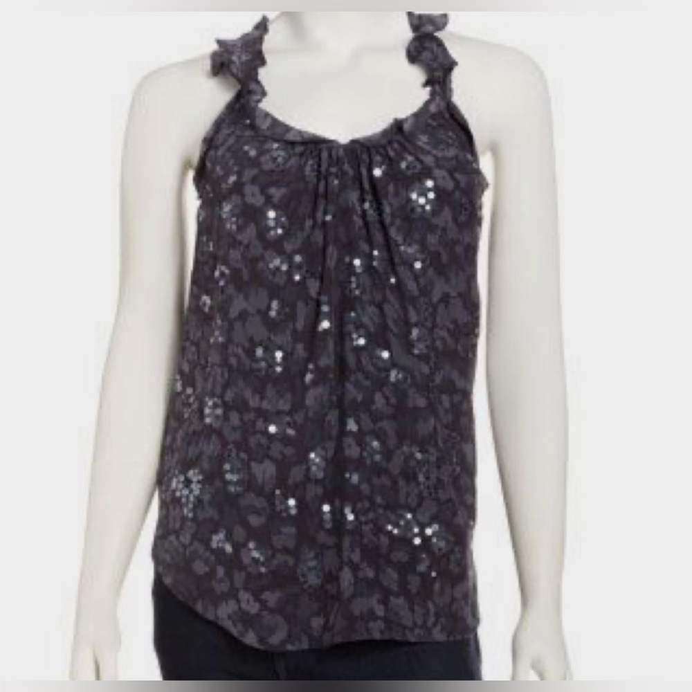 Rebecca Taylor 100% Silk Blue Leopard Blouse Sequin Applique Top Womens Size 4
